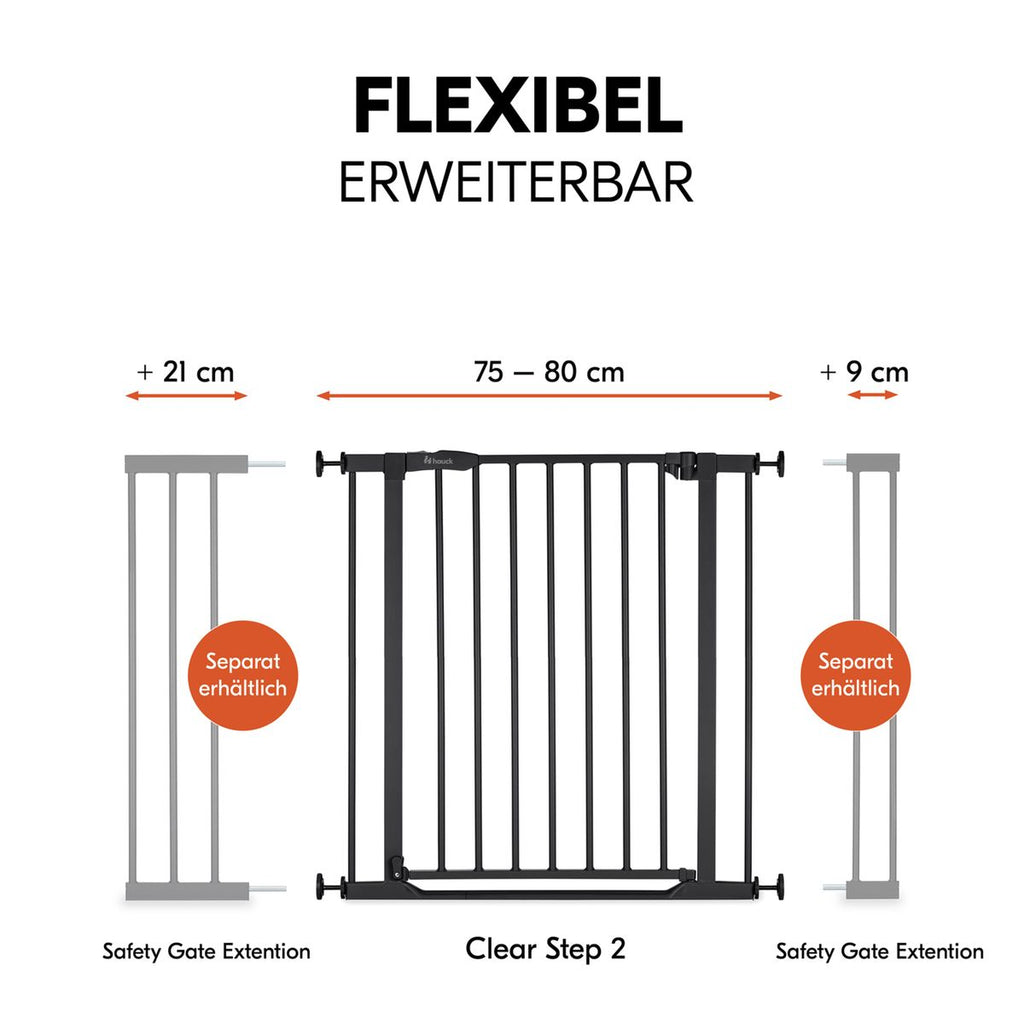 Sikkerhetsgrind Clear Step 2 for dør og trapp 75-80 cm, svart med utvidelse