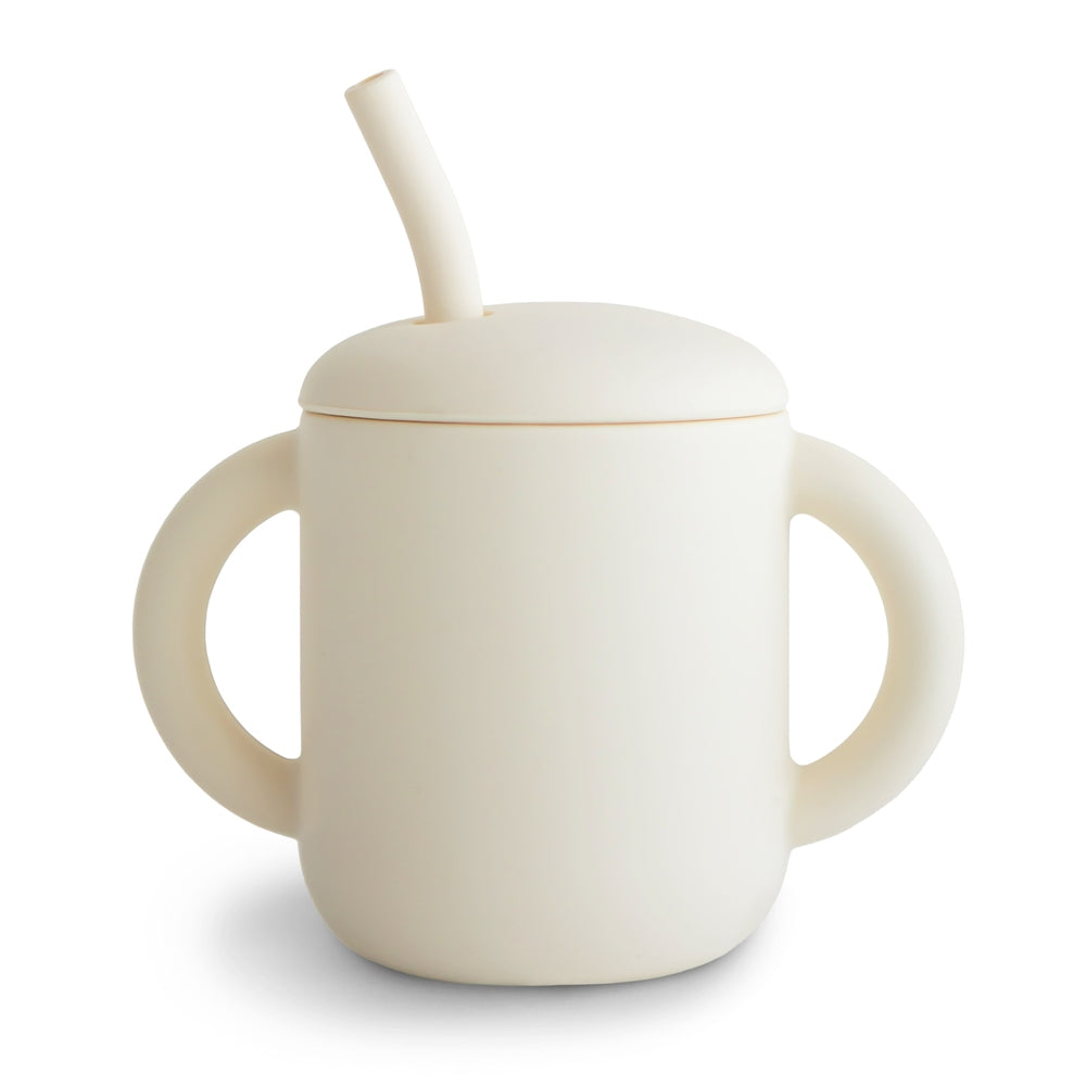 Silikonkopp med sugerør Ivory, BPA-fri - Mushie for små barn