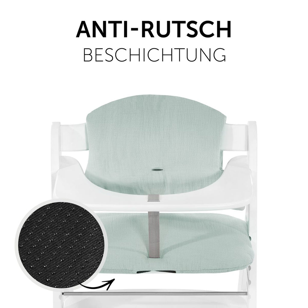 Nærbilde av stoffet på Sittepute til Alpha barnestol i bomullsmusselin mint