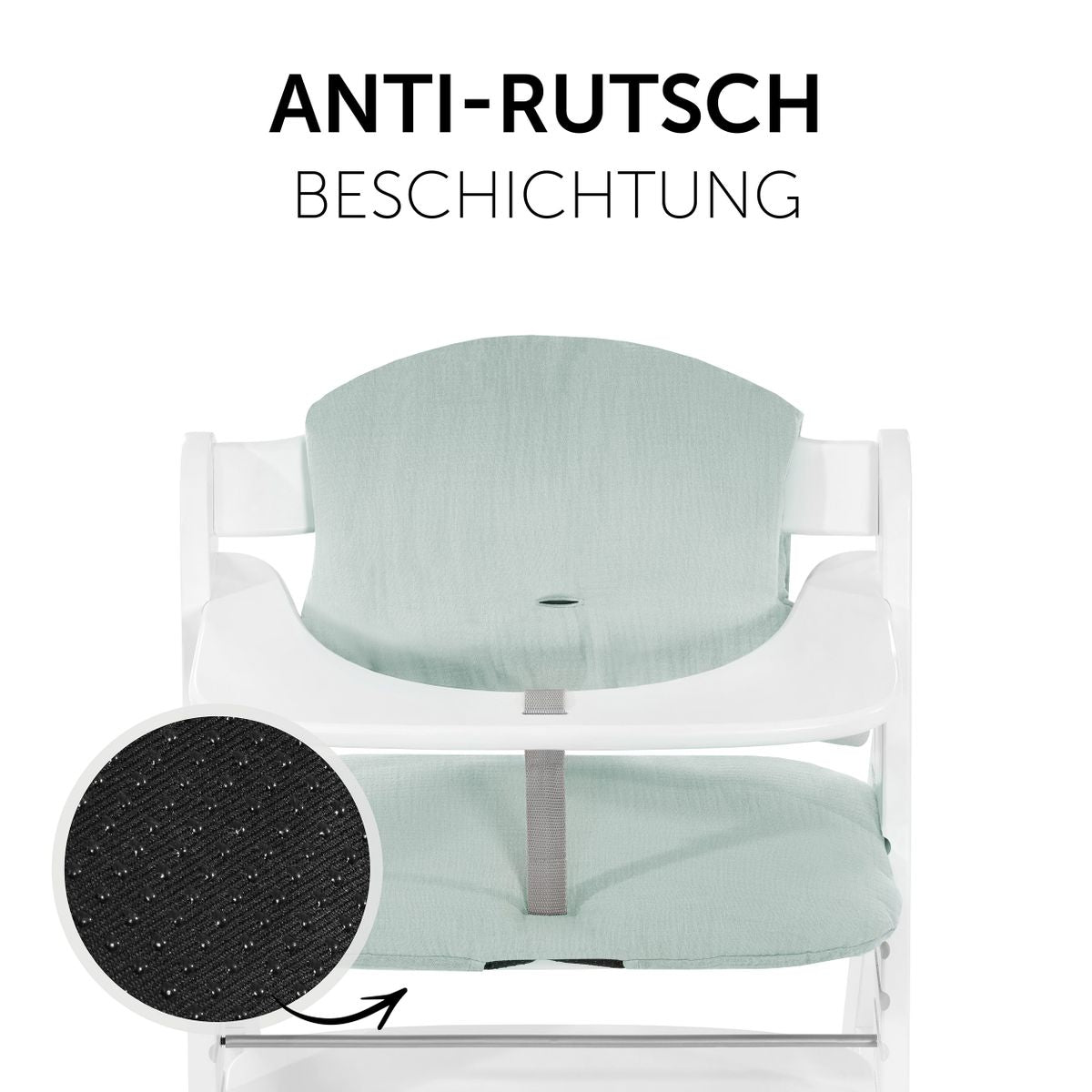 Nærbilde av stoffet på Sittepute til Alpha barnestol i bomullsmusselin mint