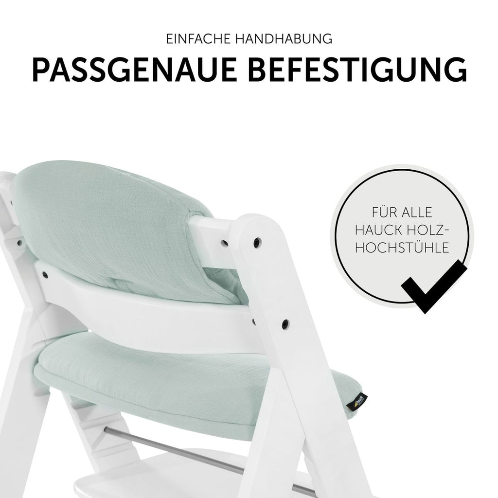 Sittepute til Alpha barnestol i bomullsmusselin mint vist fra siden