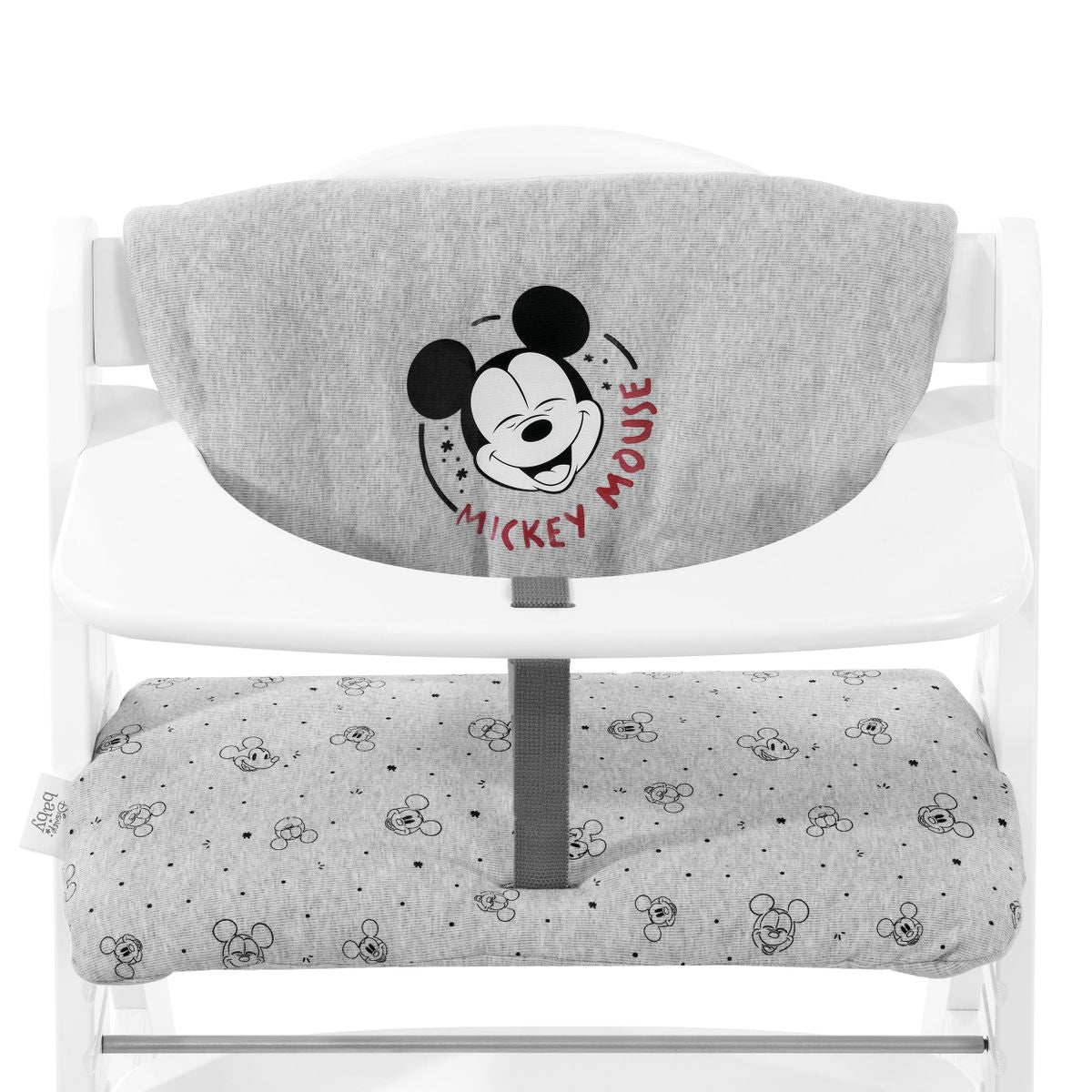 Sittepute til Alpha barnestol Highchair Pad Deluxe Disney Mickey Mouse grå forfra