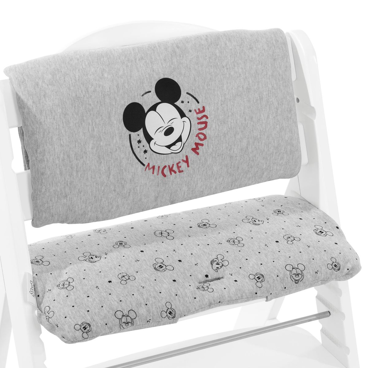 Nærbilde av Disney Mickey Mouse mønster på sittepute til Alpha barnestol Highchair Pad Deluxe grå
