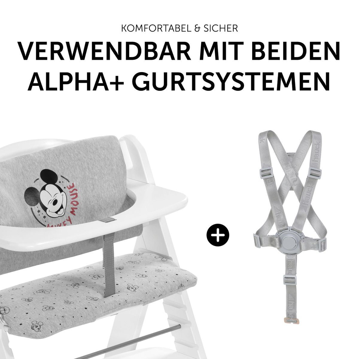 Oversiktsbilde av sittepute til Alpha barnestol Highchair Pad Deluxe Disney Mickey Mouse grå