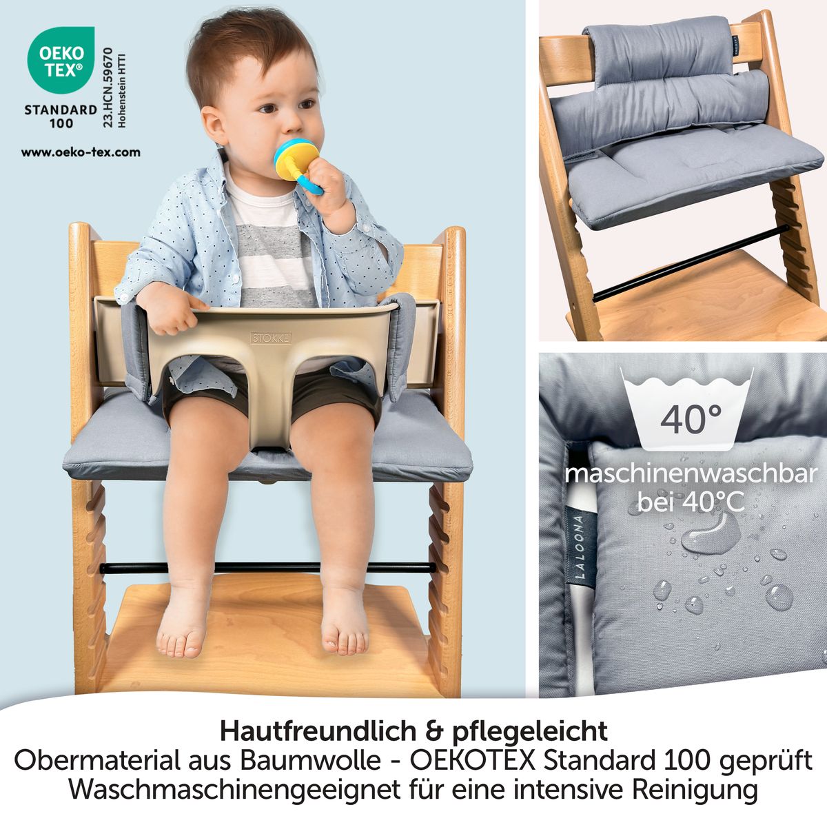 Nærbilde av borrelåsfester på Sittepute til barnestol Stokke Tripp Trapp - belagt, grå