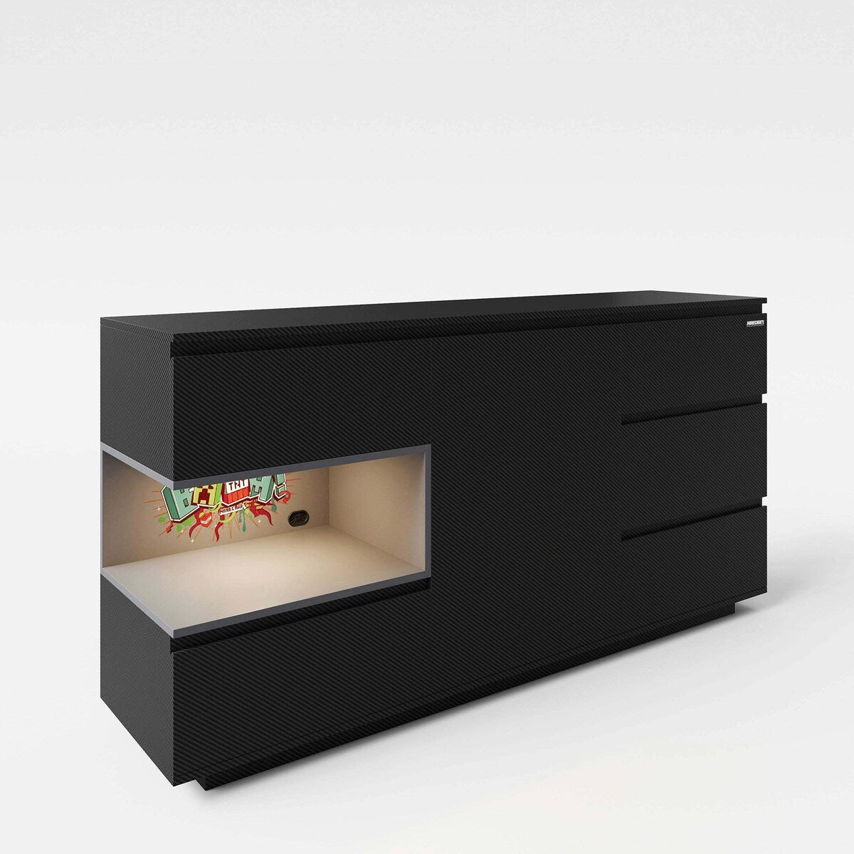 Detalj av Minecraft-design på Skjenk med 5 skuffer og 1 dør åpen hylle Minecraft