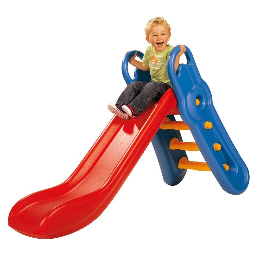 Nærbilde av trinn på Sklie Fun Slide med to høydeinnstillinger rød blå