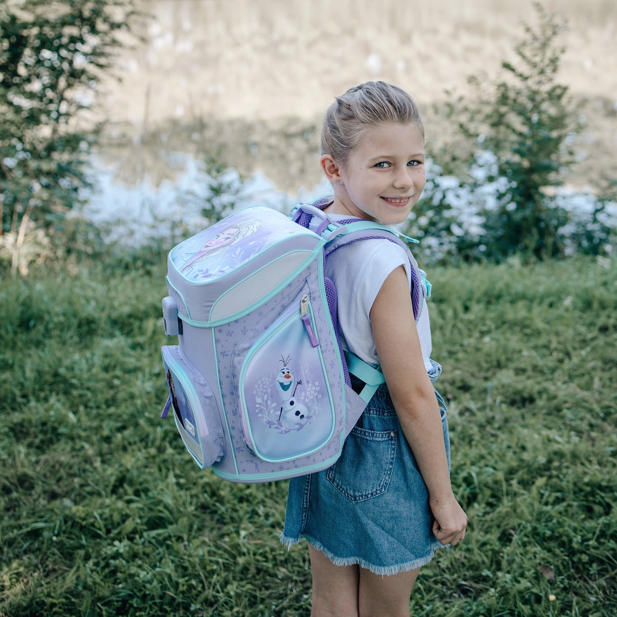Skolesekk-sett EasyFit 5 deler med pennal og gymbag montert klar til bruk