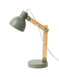 Skrivebordslampe i tre med leddarm og beskyttelsesdeksel forfra