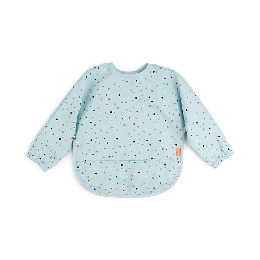 Smekke med ermer og lomme 6-18 mnd Happy Dots blå forfra