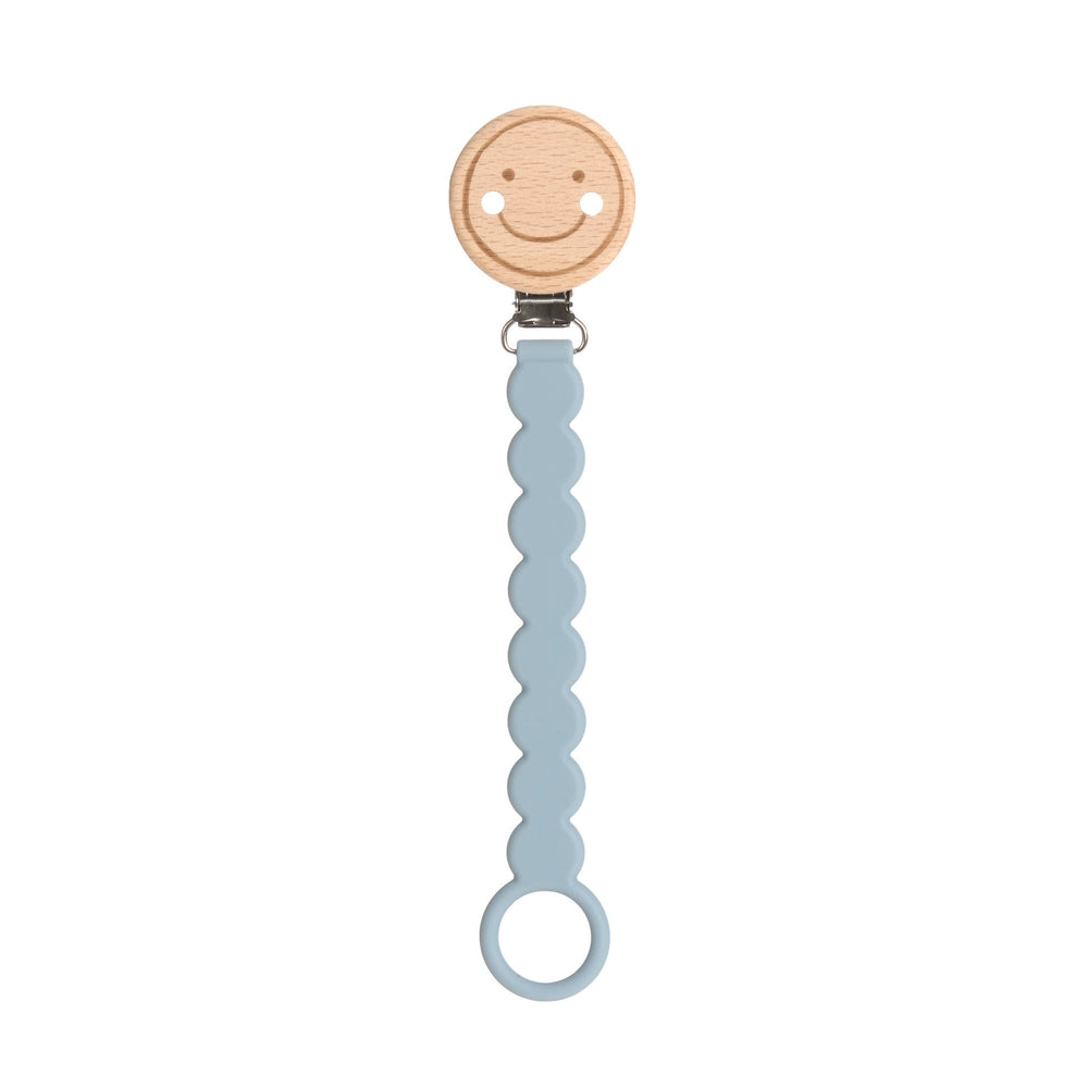 Smokkekjede Tiny Smile tre og silikon BPA-fri lyseblå forfra