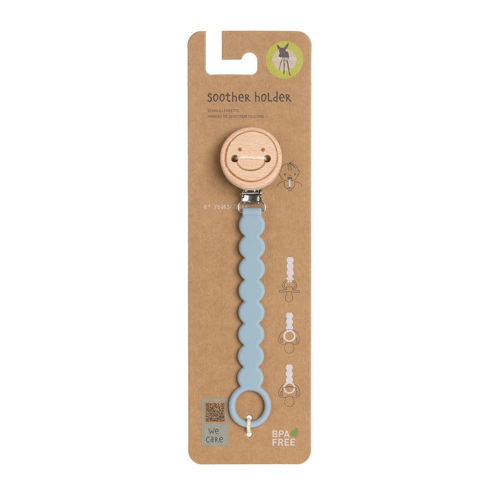 Smokkekjede Tiny Smile tre og silikon BPA-fri lyseblå nærbilde