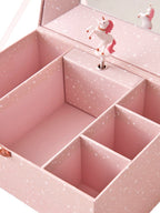 Montert Smykkeskrin for barn med spilledåse og enhjørning rosa med åpent lokk