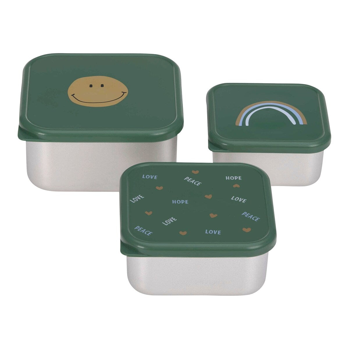 Snackboks-sett 3 deler rustfritt stål Happy Rascals forfra