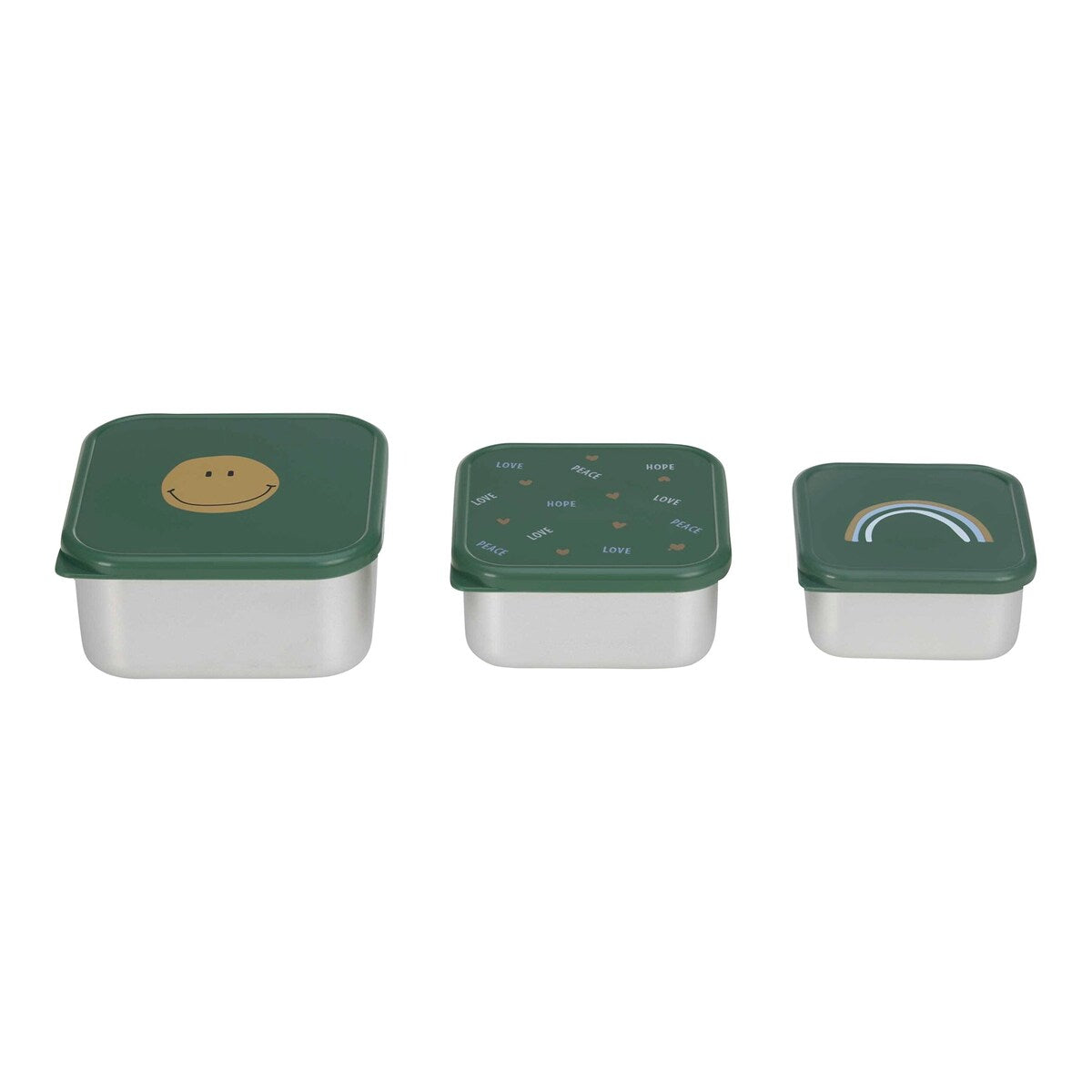 Snackboks-sett 3 deler rustfritt stål Happy Rascals bakside