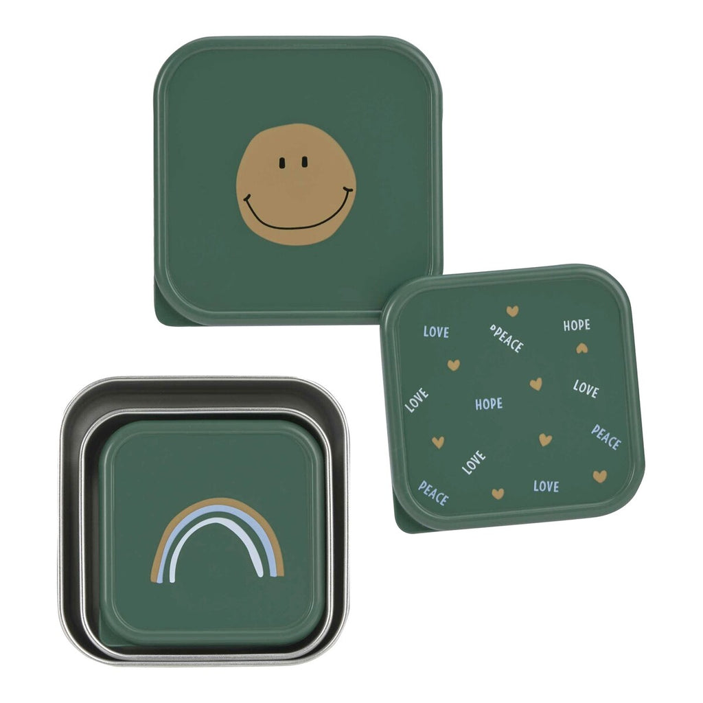 Snackboks-sett 3 deler rustfritt stål Happy Rascals detalj av lokk