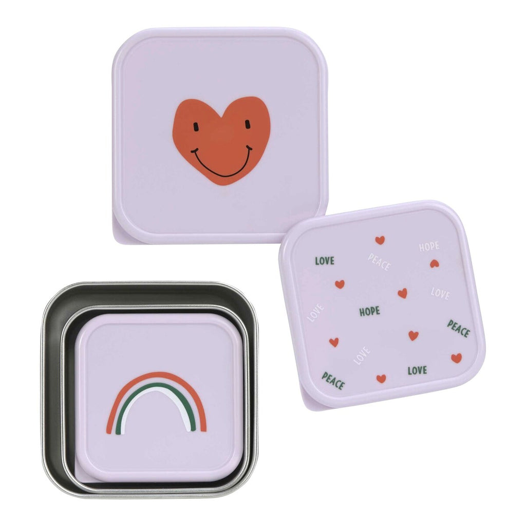 Snackboks-sett 3 deler rustfritt stål Happy Rascals design og farger