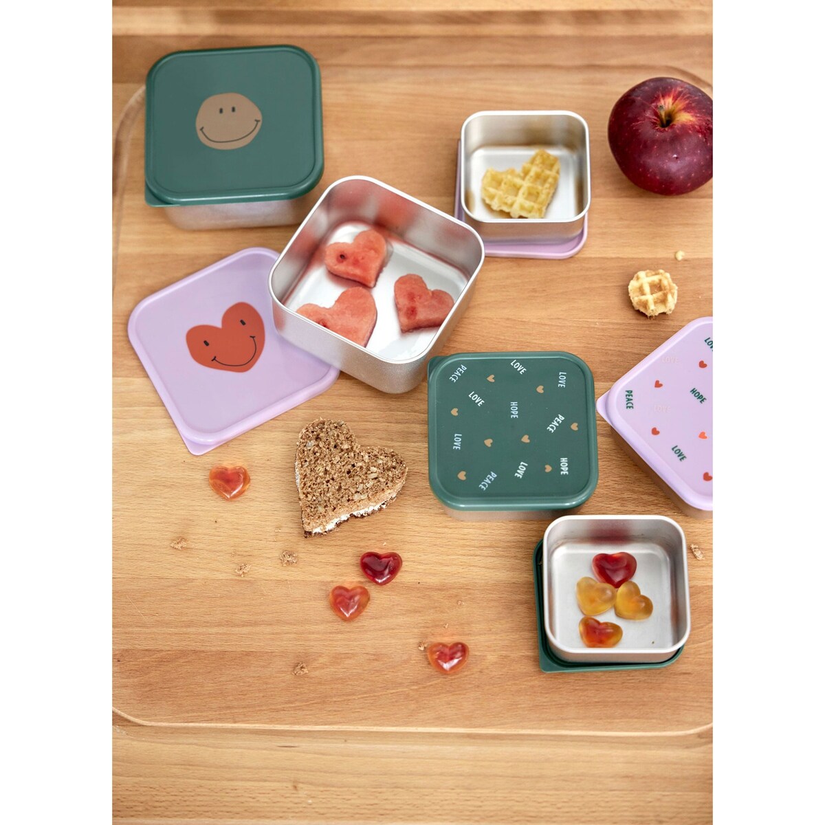 Snackboks-sett 3 deler rustfritt stål Happy Rascals lukket med lokk