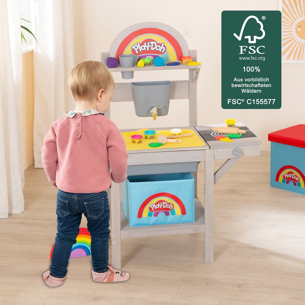 Søkekjøkken i massivtre FSC fra 3 år 100x65x35 cm med Play-Doh deigbokser