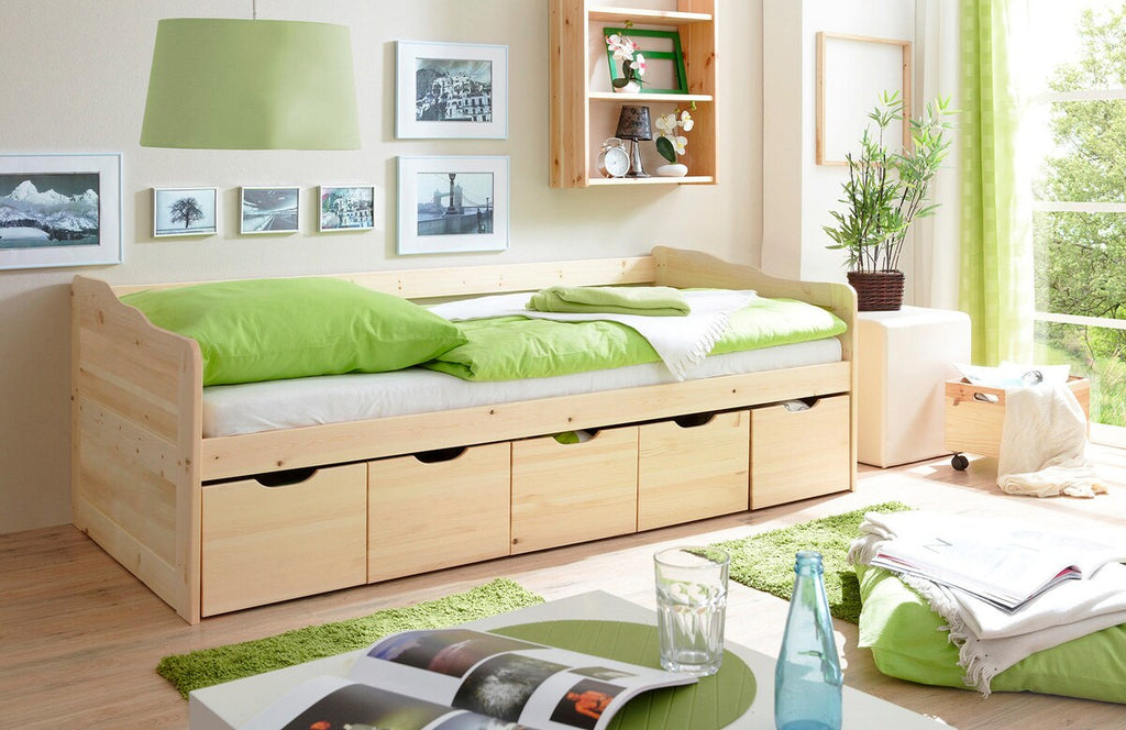 Sofaseng Maria med 5 skuffer i furu natur 96x205 cm bakside