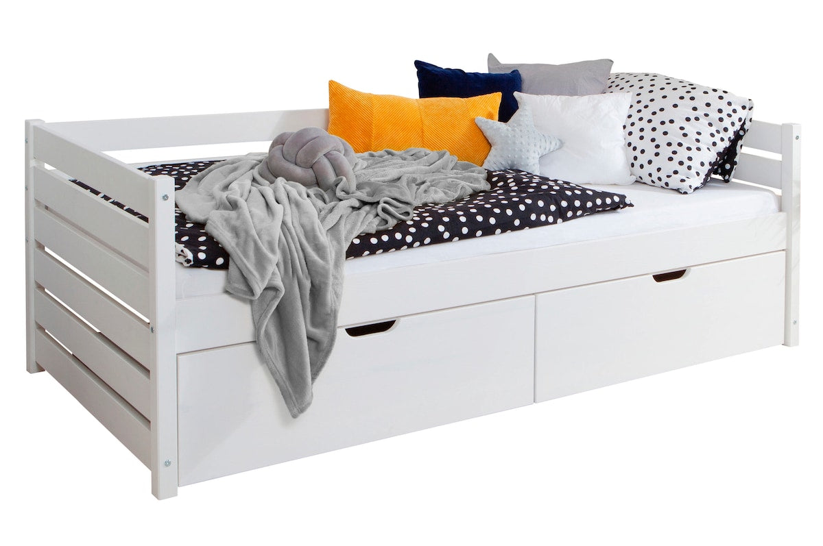 Sofaseng Naomi med 2 skuffer i furu 120x200 cm hvit forfra