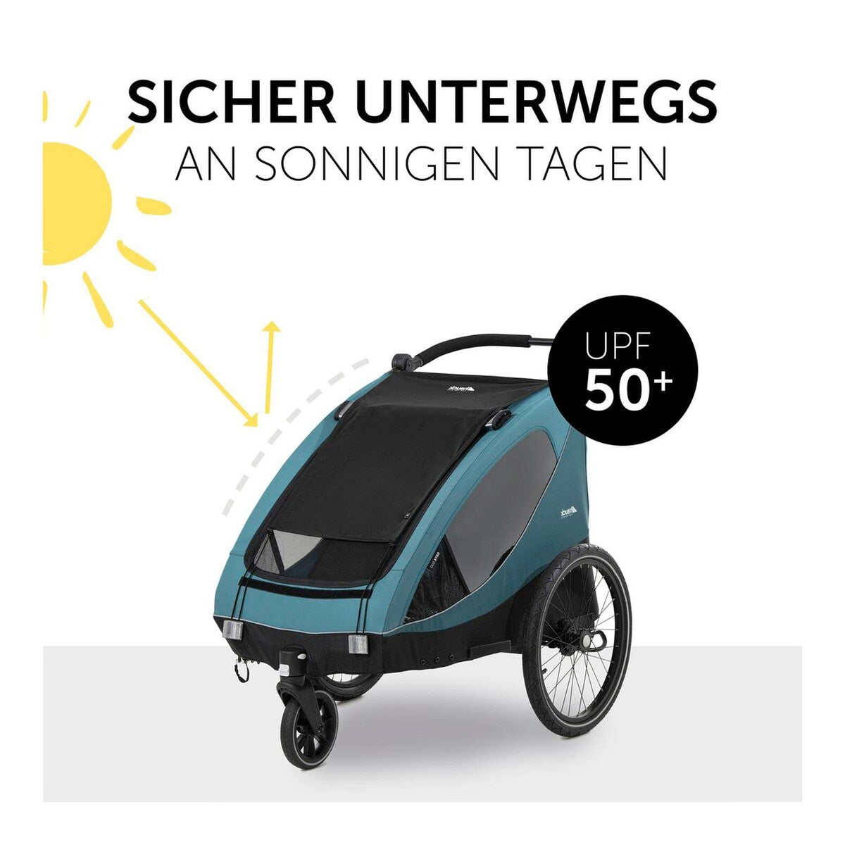 Detalj av solbeskyttelse for Dryk Duo sykkeltilhenger UV 50+