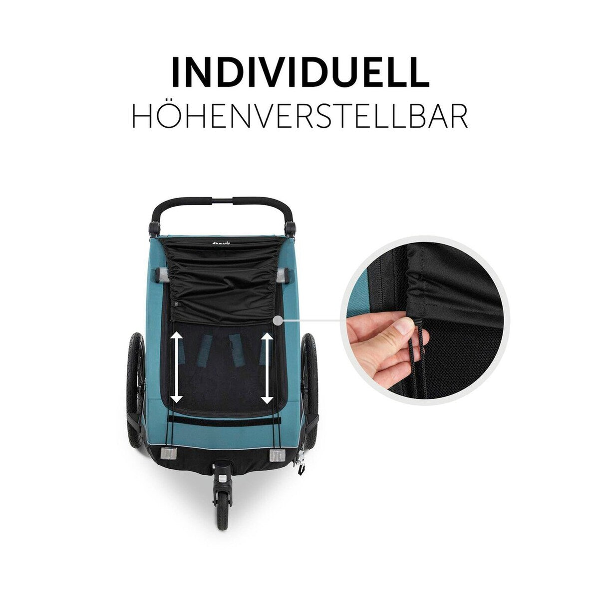 Nærbilde av festemekanisme på solbeskyttelse for Dryk Duo sykkeltilhenger UV 50+