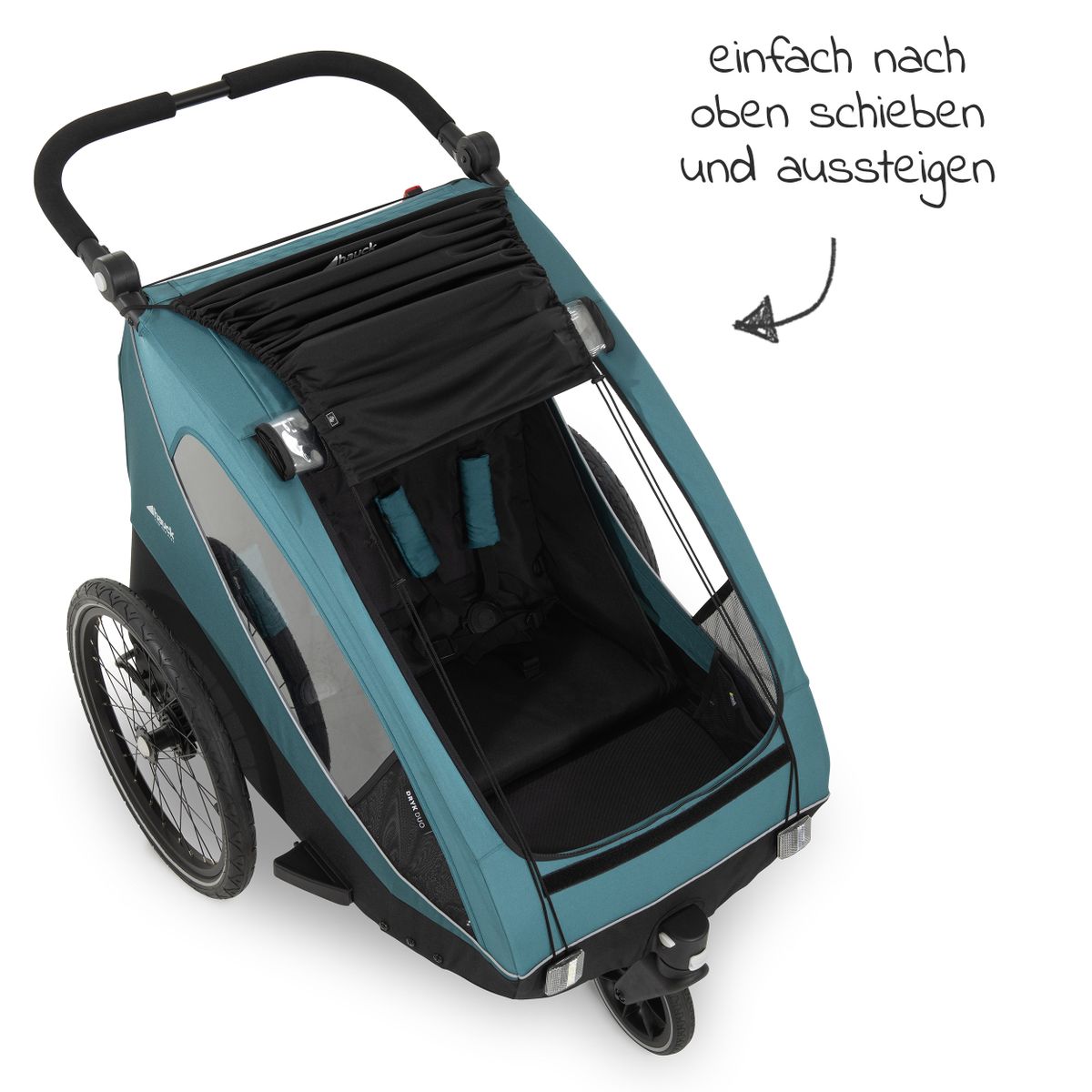 Solskjerm til sykkelvogn Dryk Duo, UV-beskyttelse 50+, svart detalj av materiale