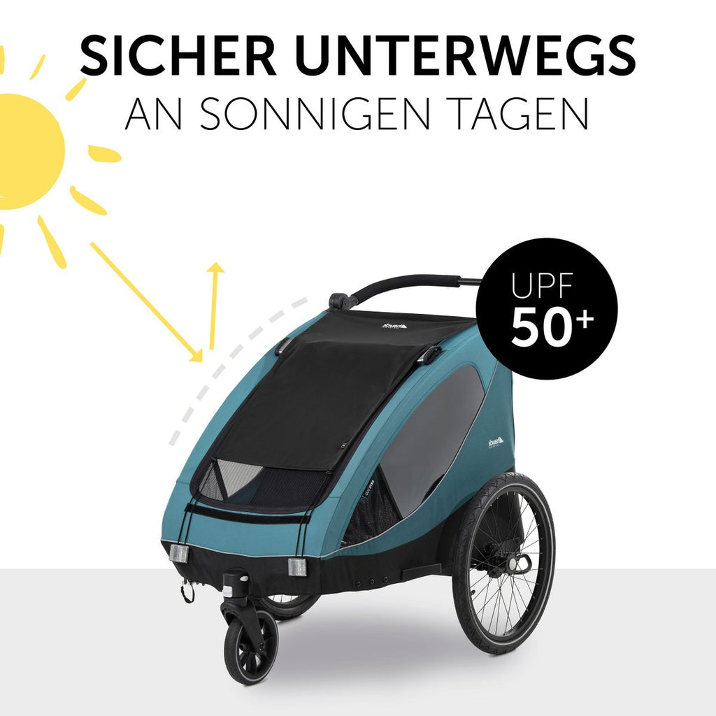 Detalj av solskjerm til sykkelvogn Dryk Duo, UV-beskyttelse 50+, svart
