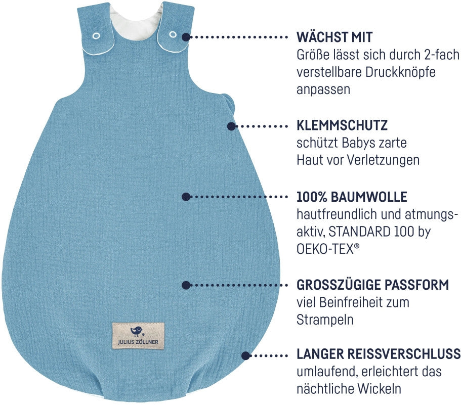 Sovepose musselin for baby str. 62/68 denim - Zöllner bakside