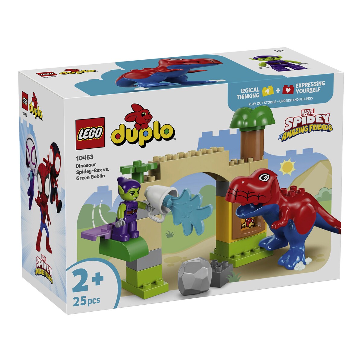 Spidey-Rex vs. Green Goblin 10463 forfra med figurer og flyver