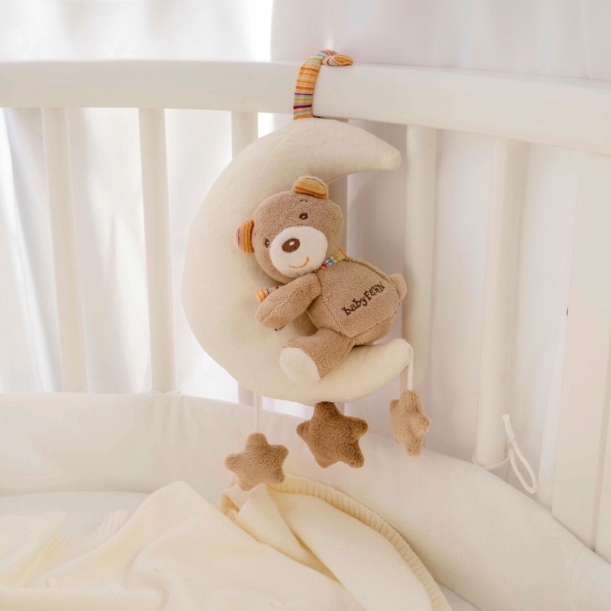 Spilledåse bamse i måne Rainbow 20 cm, Brahms vuggevise festet på barnevogn