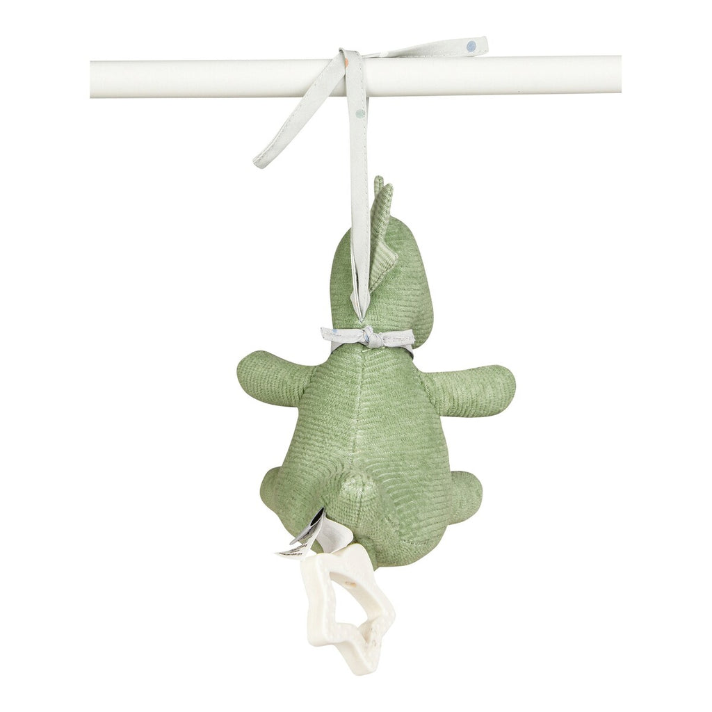 Nærbilde av stoff på spilledåse dino Rexi 16 cm med festebånd