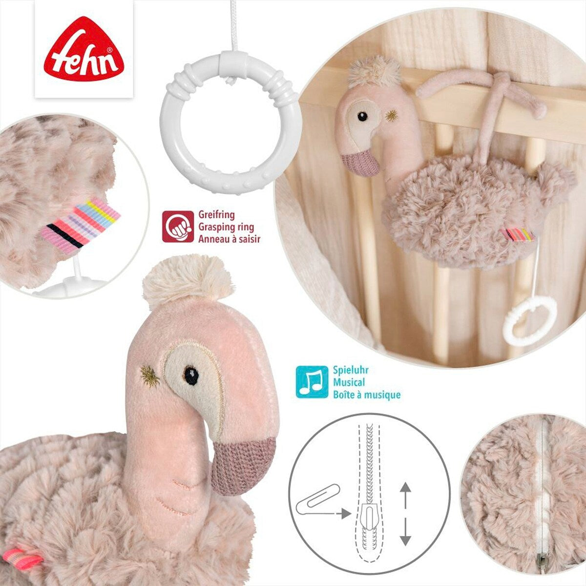 Spilledåse flamingo 16 cm fra fødsel - Fehn nærbilde av bindebånd