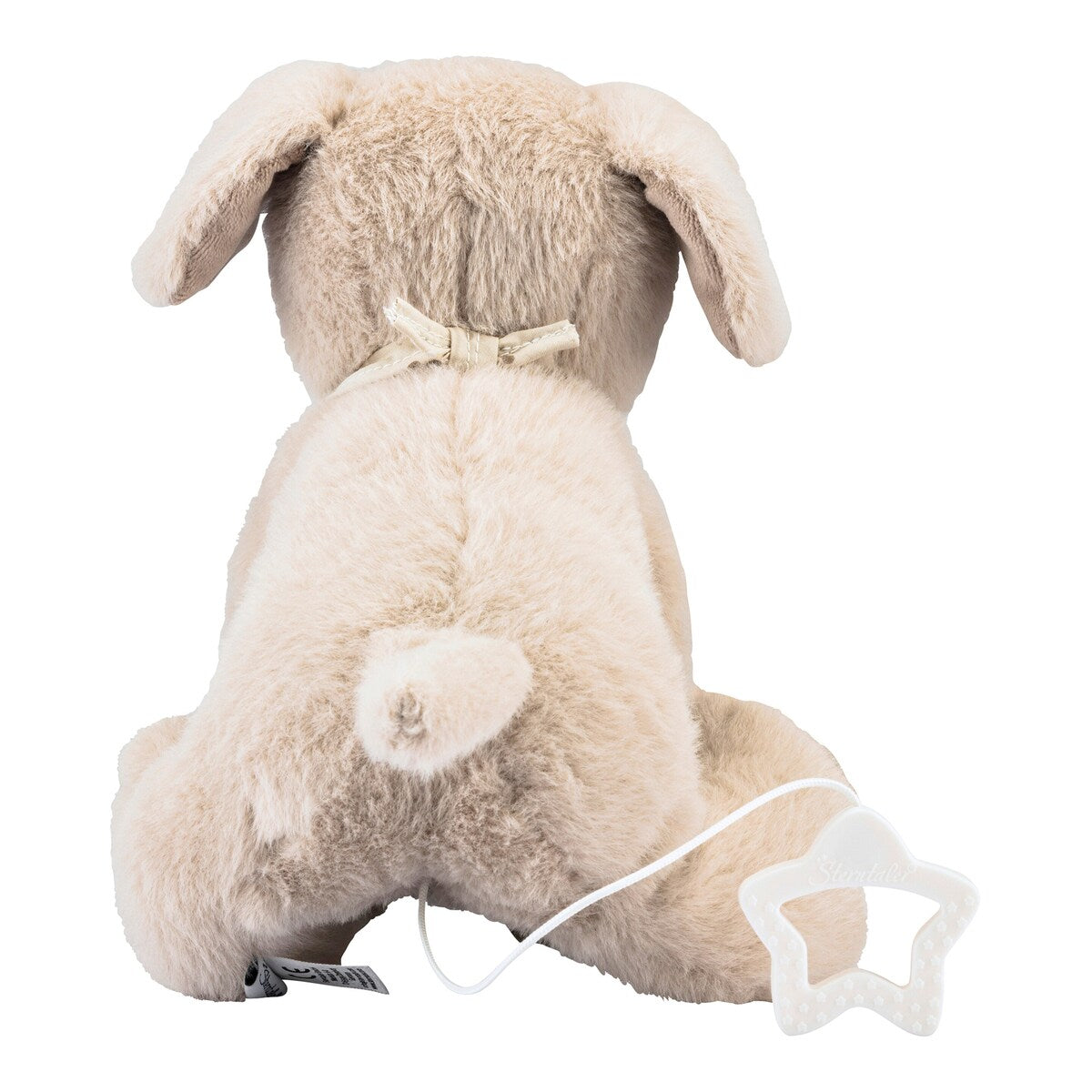 Nærbilde av stoff på spilledåse hund Lucky 25 cm