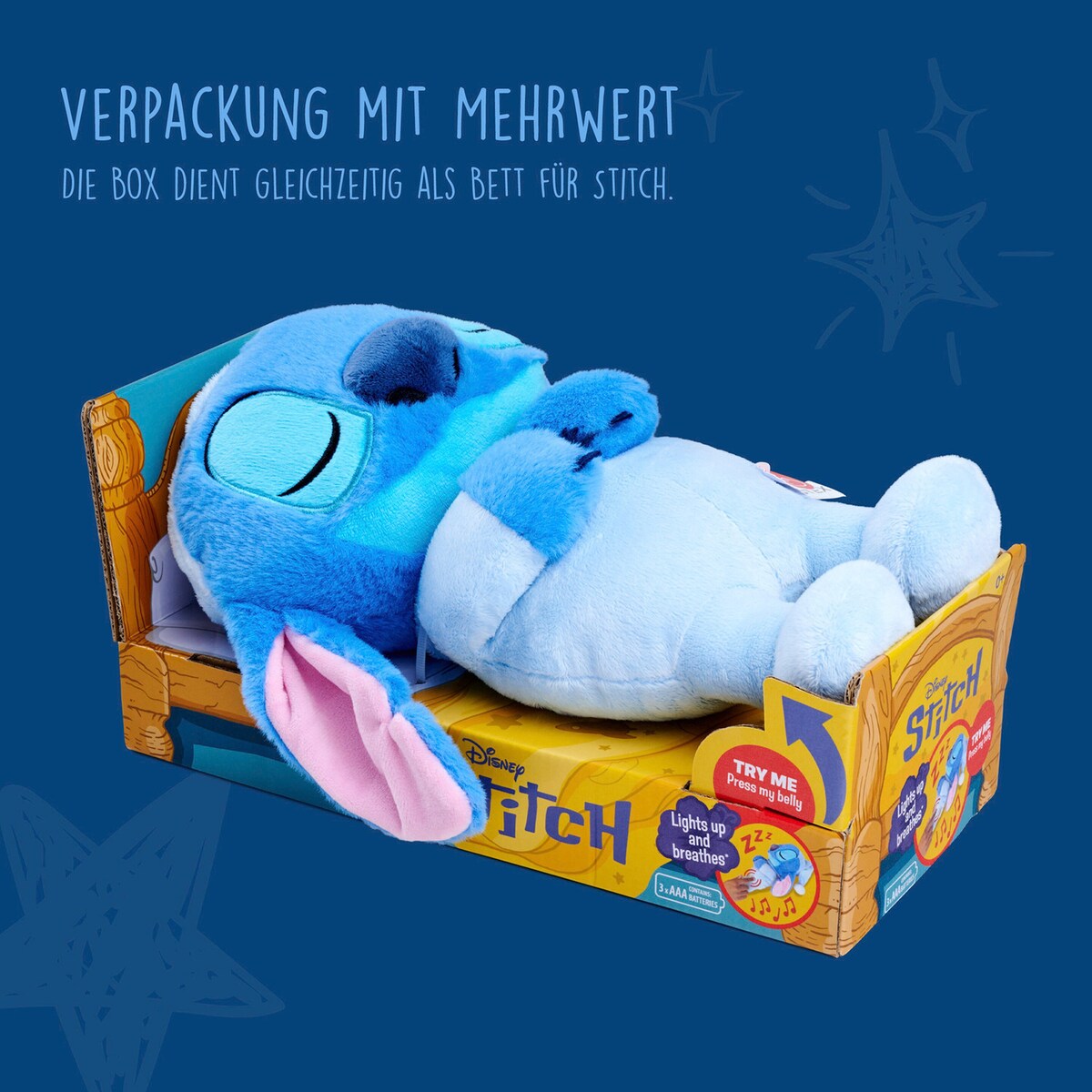 Spilledåse sovende Stitch 31 cm med melodier montert