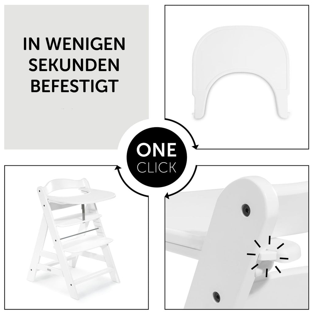 Montert Spisebrett og bord Click Tray til Alpha barnestol hvit på barnestol