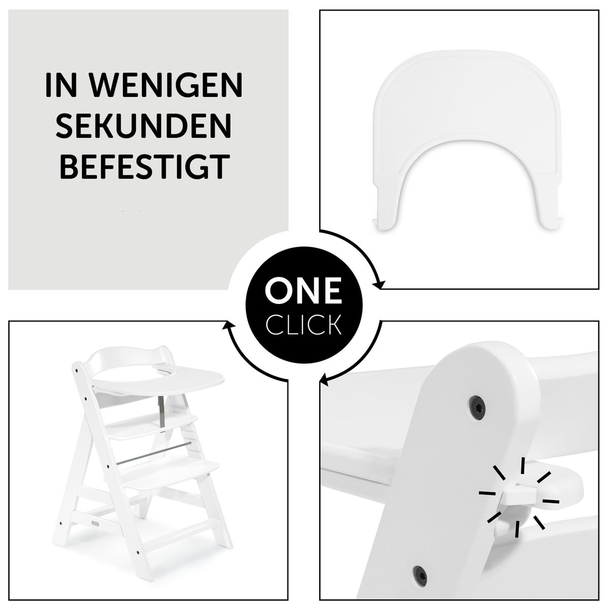 Montert Spisebrett og bord Click Tray til Alpha barnestol hvit på barnestol