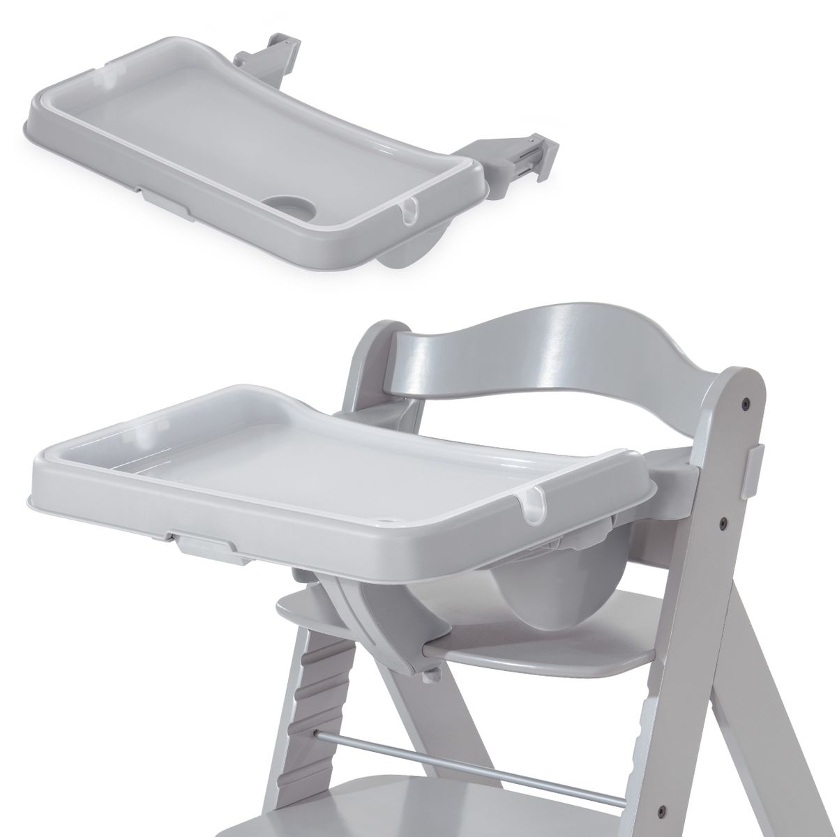 Spisebrett og bord Alpha Tray 2 deler til barnestol grå forfra