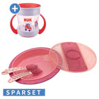 Spisesett 4 deler med tallerken, bestikk og drikkekopp, rosa - Nuk forfra