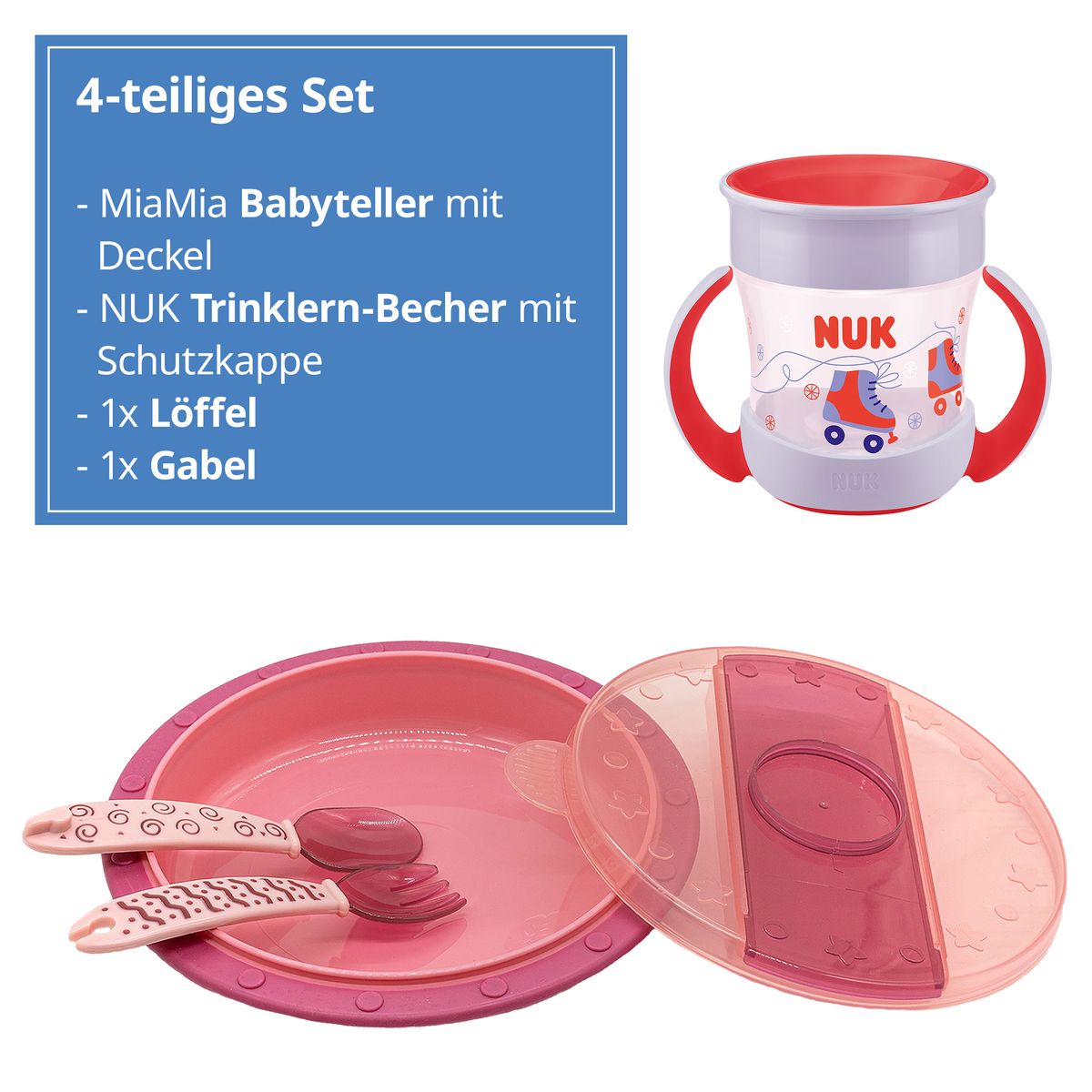 Spisesett 4 deler med tallerken, bestikk og drikkekopp, rosa - Nuk bakside