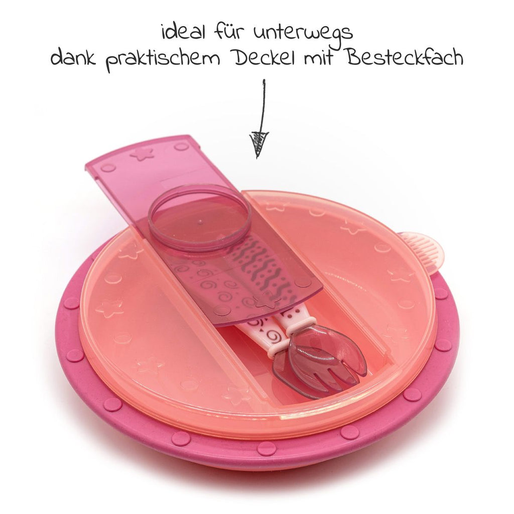 Detalj av spisesett 4 deler med tallerken, bestikk og drikkekopp, rosa - Nuk