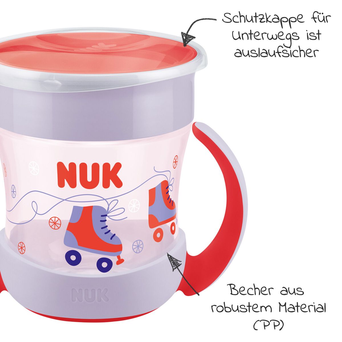Spisesett 4 deler med tallerken, bestikk og drikkekopp, rosa - Nuk i bruk
