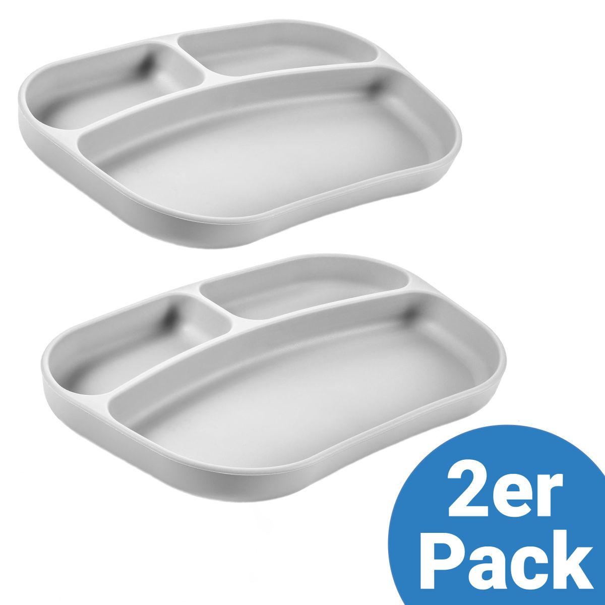 Spisetallerken i silikon 2-pack med delt rom, grå forfra