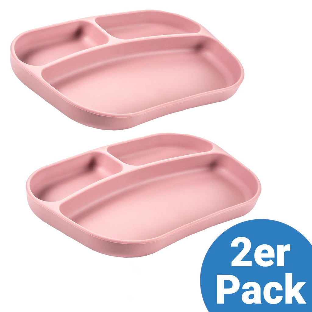 Spisetallerken i silikon 2-pack med delt rom, rosa - MiaMia forfra