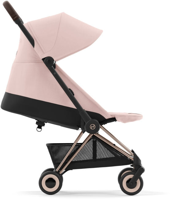 Sportsvogn Coya ultrakompakt Rosegold Peach Pink sikkerhetsbelte
