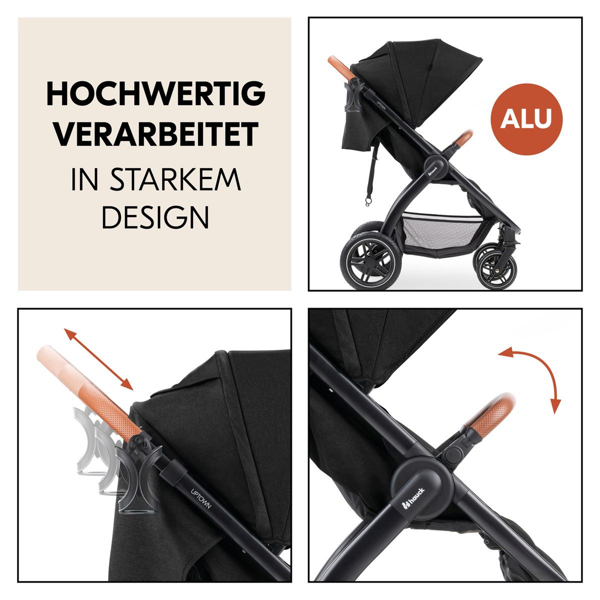 Sportsvogn UpTown med liggefunksjon 22 kg Melange Black sammenfoldet