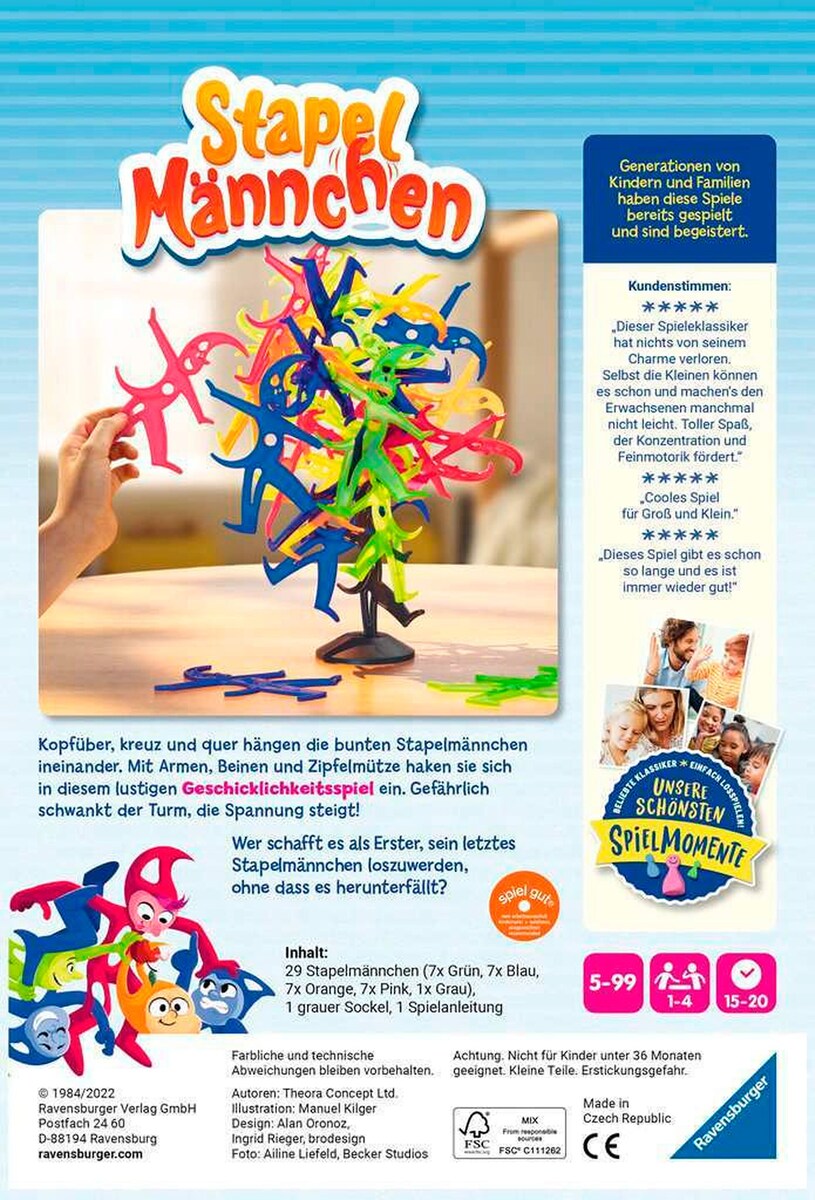 Bakside av Stablefigurer balanseringsspill med instruksjoner