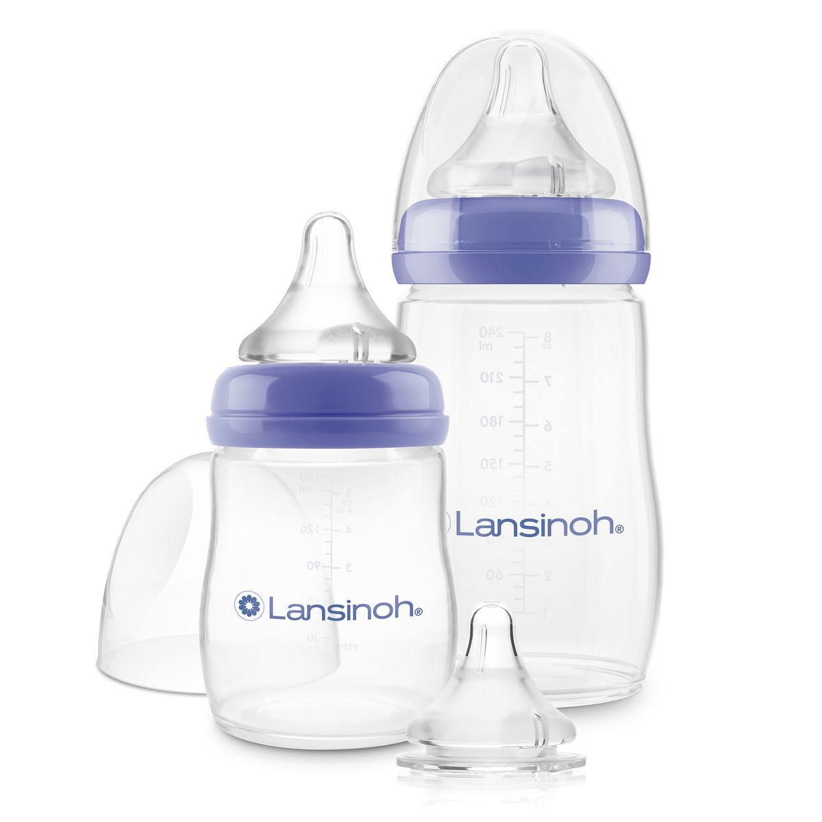 Startsett med 2 tåteflasker 160 og 240 ml og 3 smokker - Lansinoh forfra