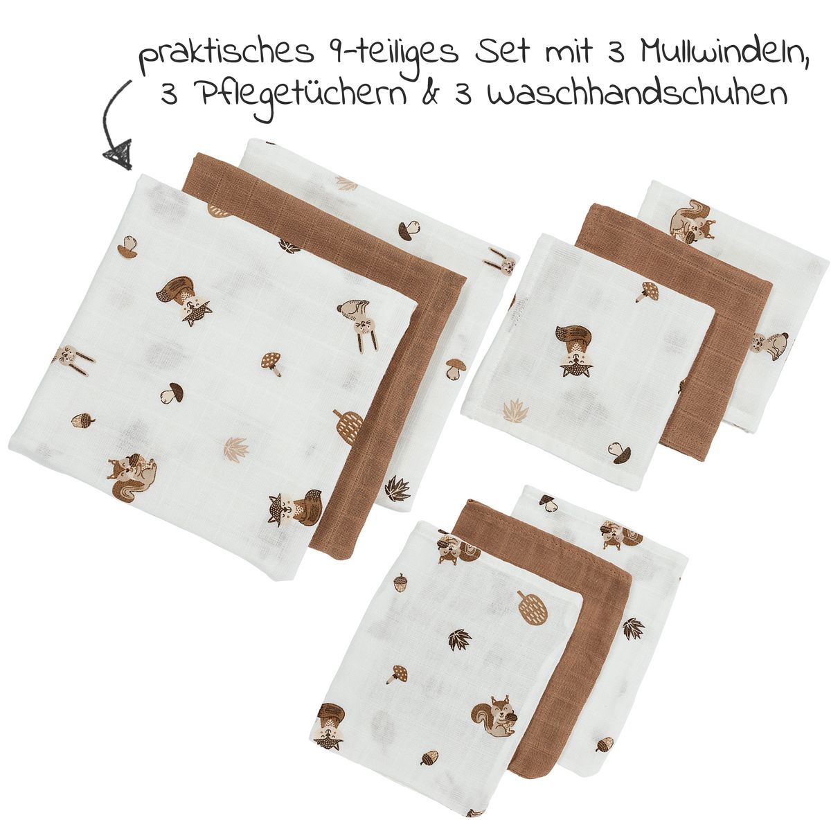 Startsett musselinkluter 9-pakning Forest Animals - Meyco bakside